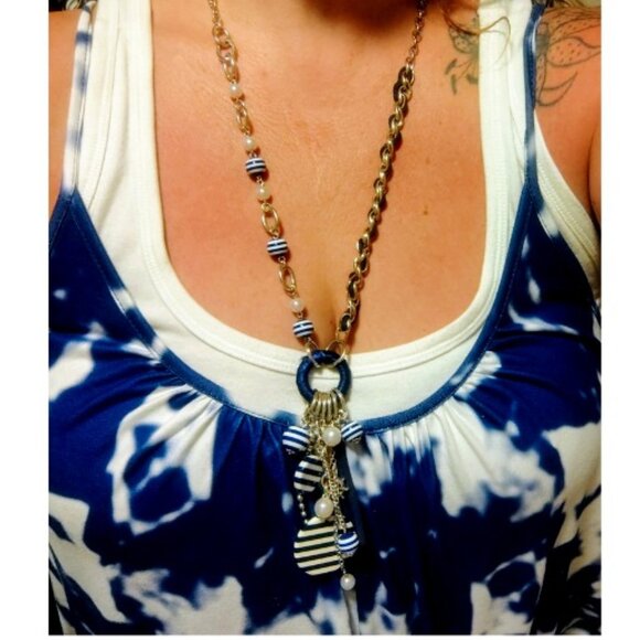 Women's Nautical Anchor and Wheel Charm Necklace - Coastal Resort Beach Boho - Picture 1 of 6